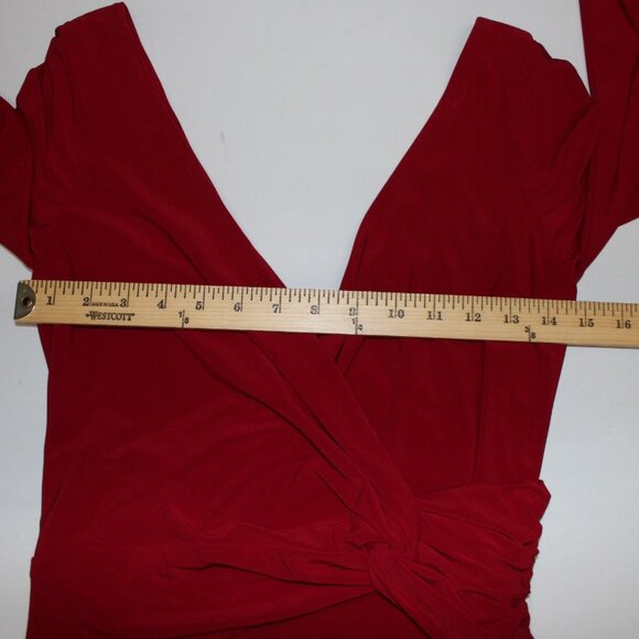 Joseph Ribkoff Dress Sz 6 Red V Neck 3/4 Sleeve Fit Flare Faux Wrap Poly Dress - Picture 11 of 12